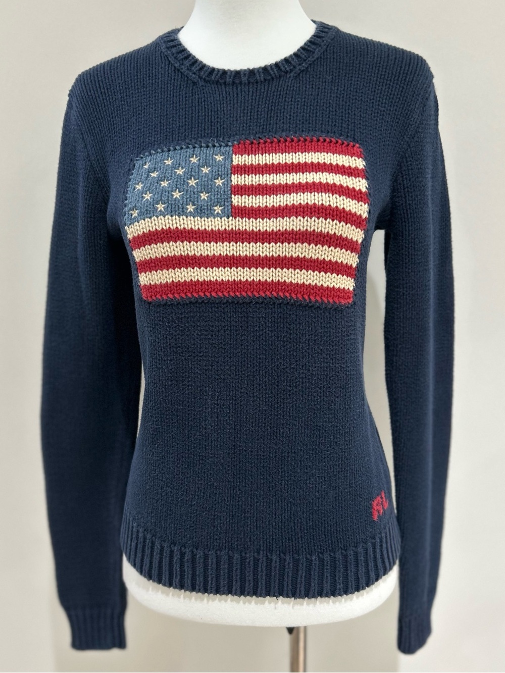Ralph Lauren Vintage Iconic American Flag Sweater Blue Cotton Knit 90s Size S